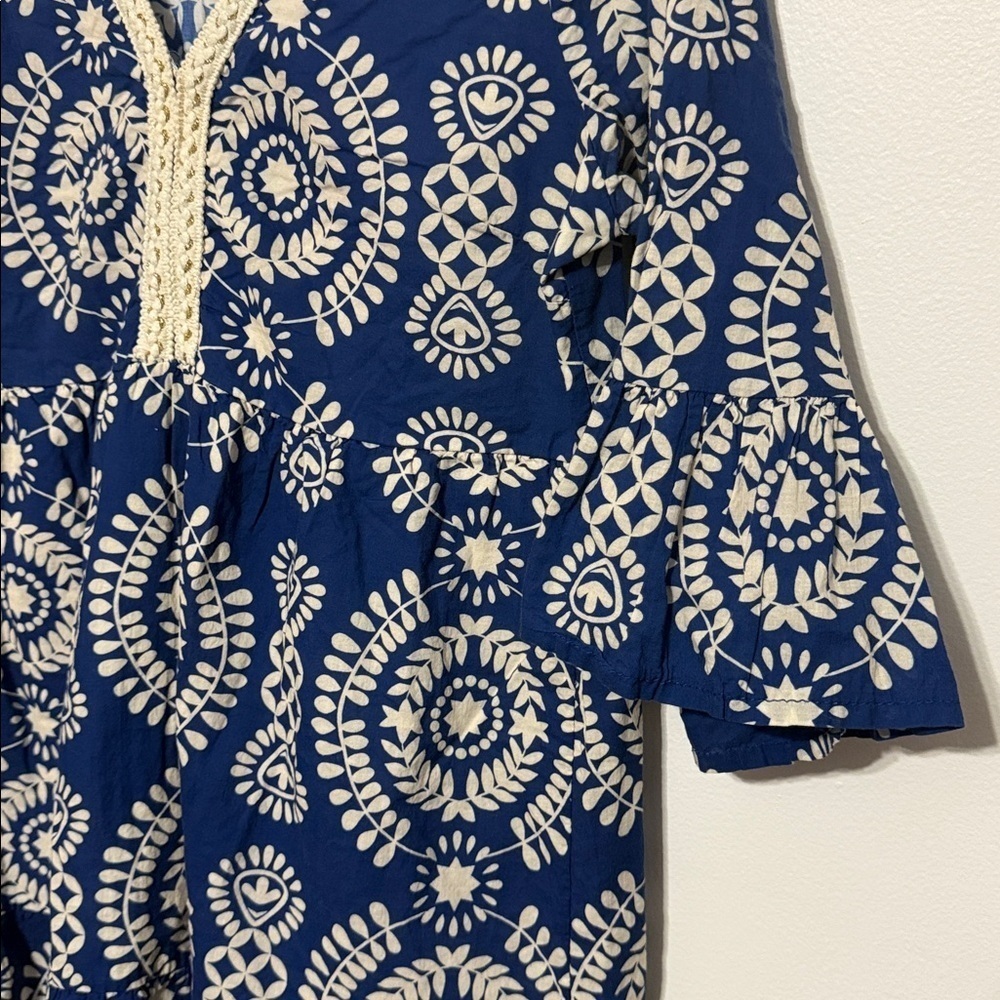 SAIPH Santorini Floral Mini Dress Size S Blue White Cotton Italy Relaxed Coastal - Picture 6 of 10